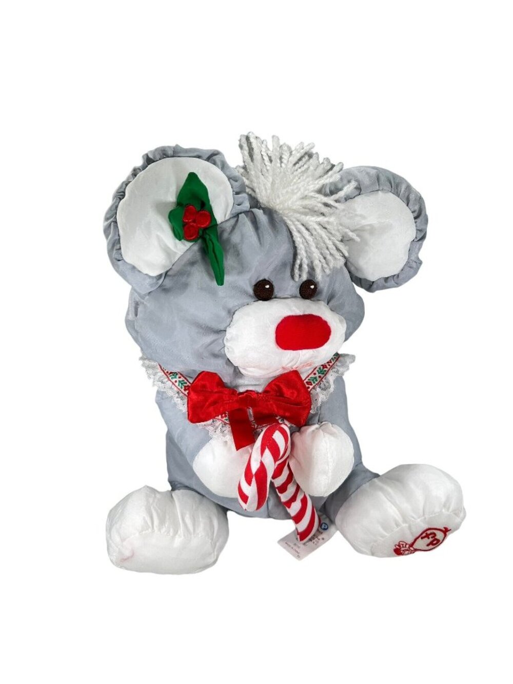 Vtg Fisher Price Gray Mouse Nylon Plush Candy Cane Lace 1987 Holiday Christmas